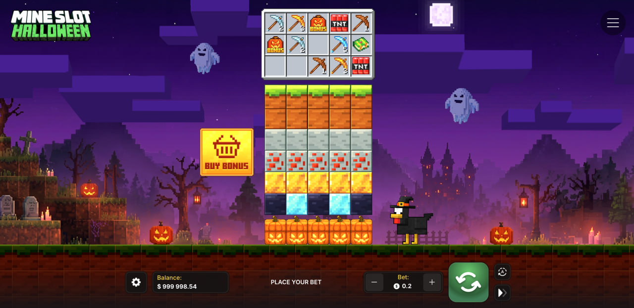 Mine Slot Halloween demo casino game app showing block columns and the Buy Bonus button