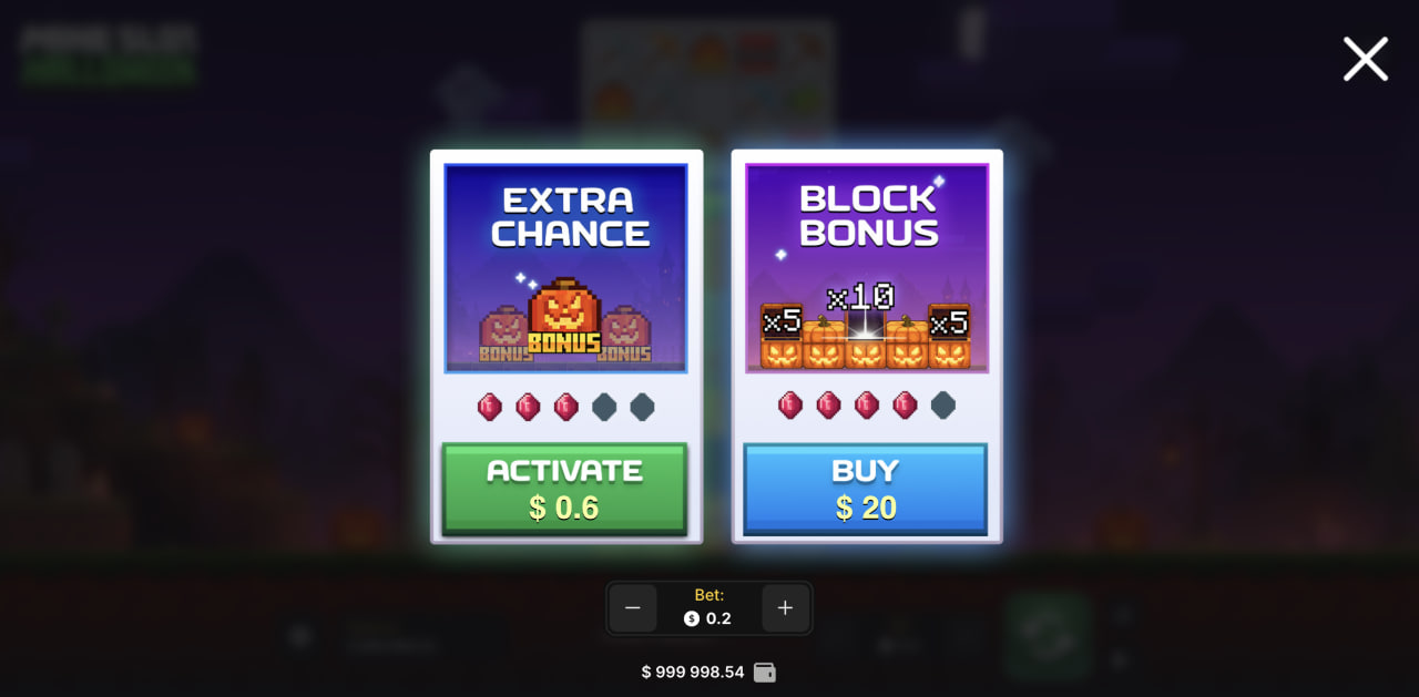 Mine Slot Halloween review of the Extra Chance and Block Bonus window in the casino app demo, free bonus test