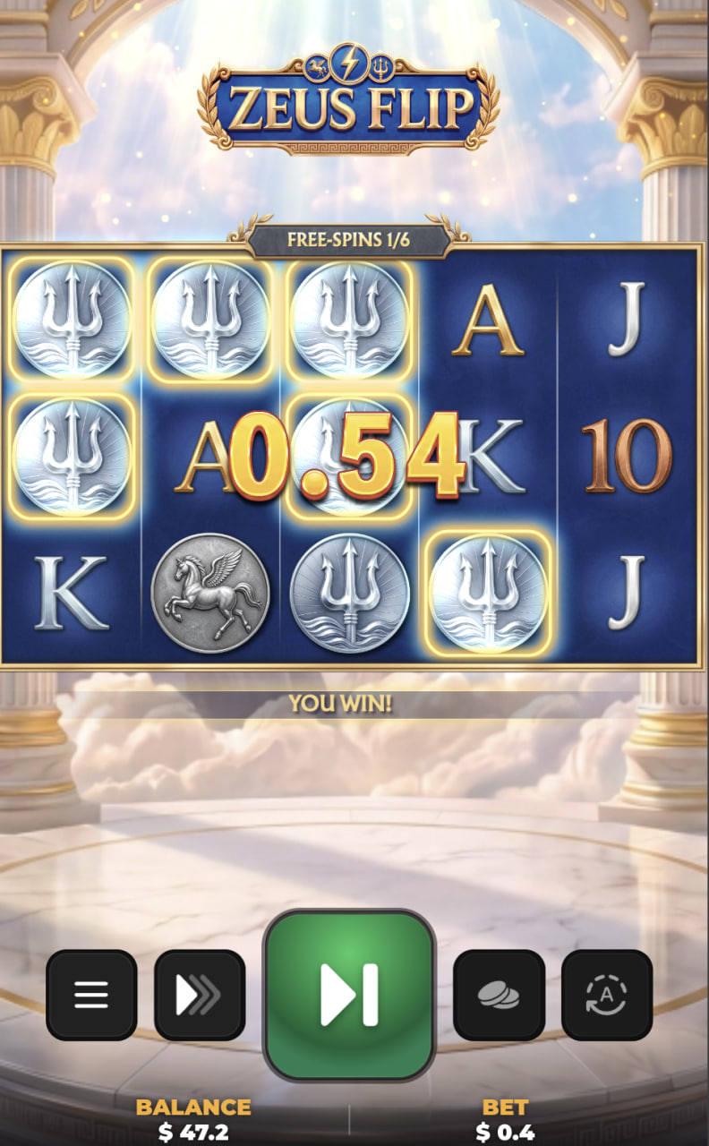 Zeus Flip vertical mobile view of the casino app, real money gambling demo with bonus coins