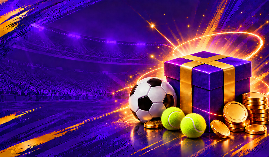 Just4win casino bonus, sign up and gambling: gift box with football, tennis ball and coins