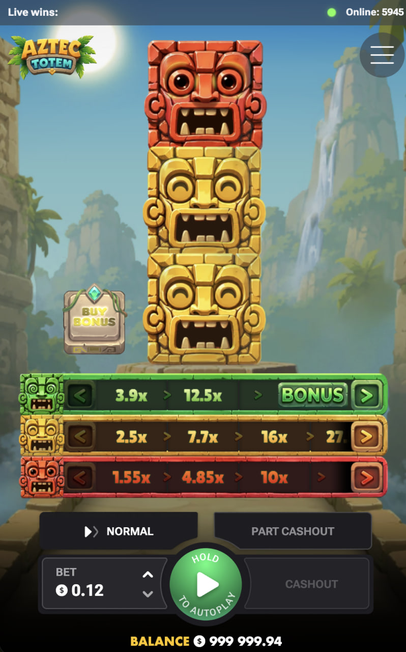Aztec Totem vertical phone view of the casino app, real money gambling demo with bonus cashout