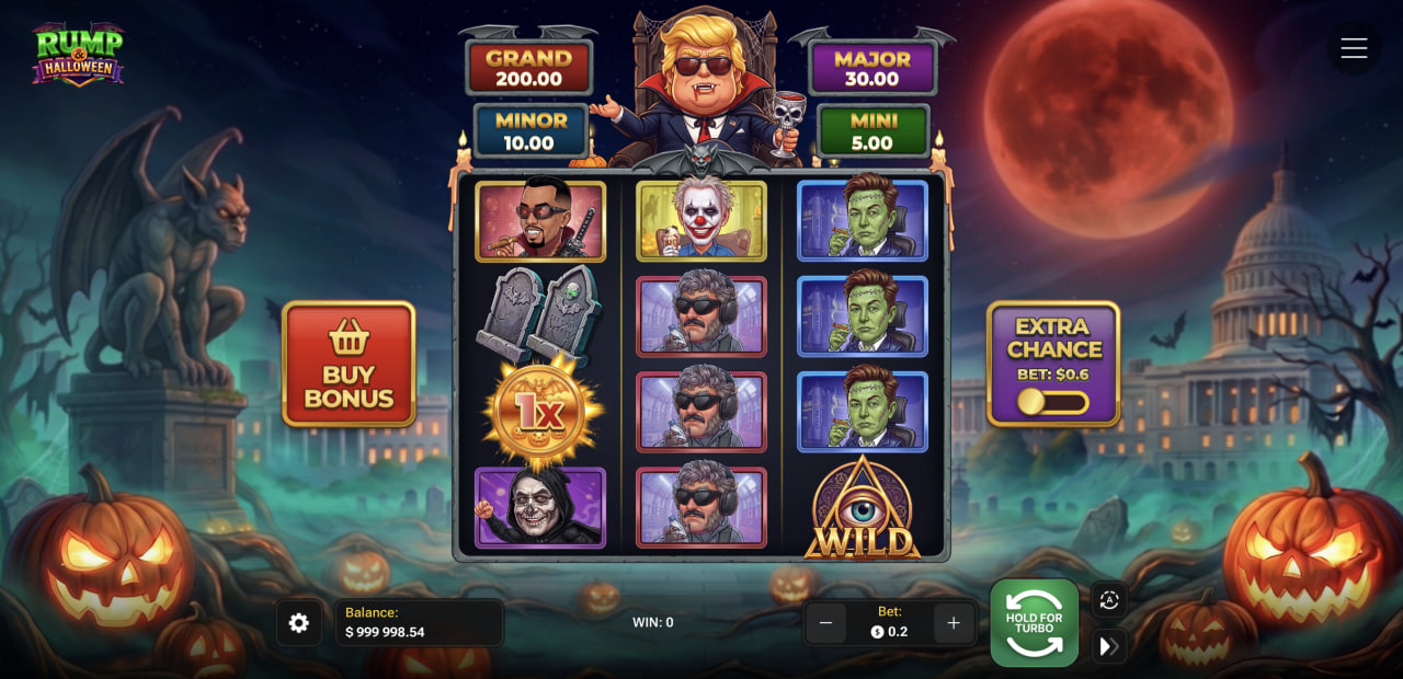 Rump And Halloween demo casino game app with the four jackpots, Buy Bonus and Extra Chance