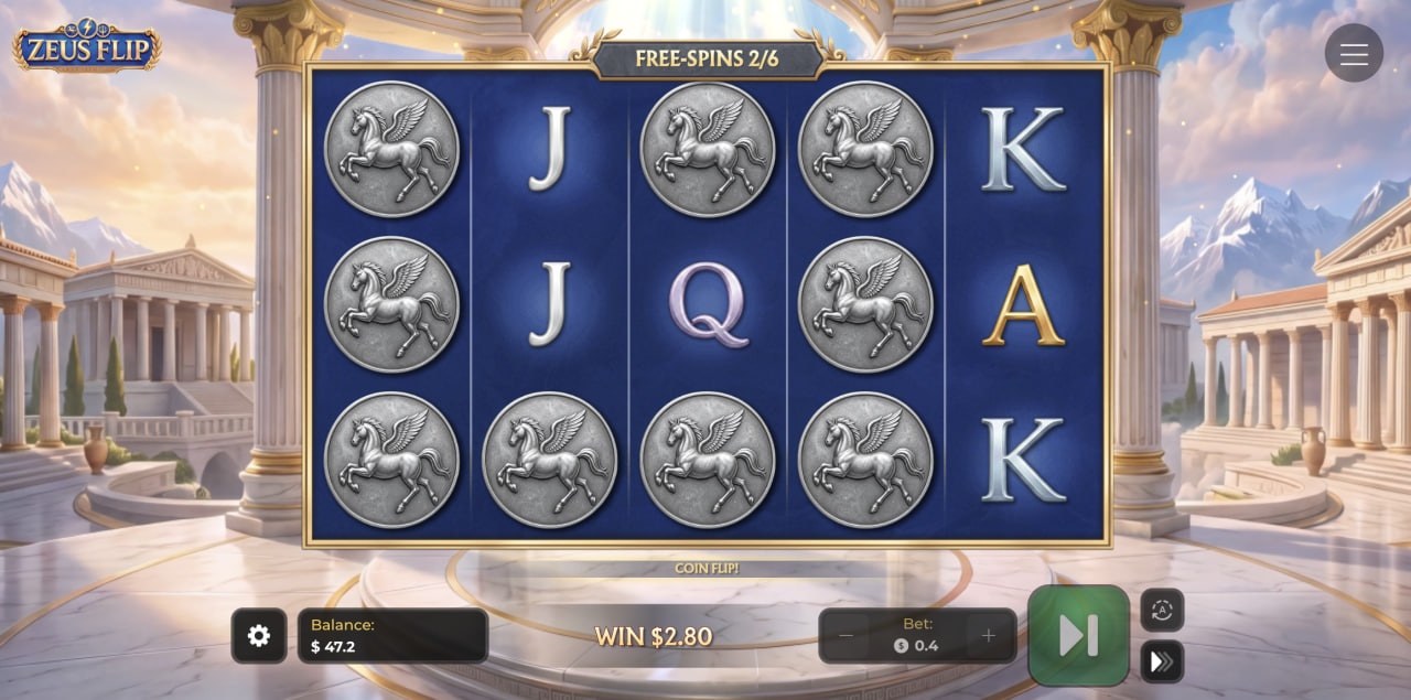 Zeus Flip demo casino game app during free spins with Pegasus coins and a bonus Coin Flip