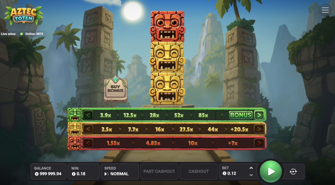 Aztec Totem demo casino game app on desktop with the totem and three bonus multiplier lines